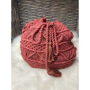 Red Crochet women drawstring backpack with interior zippered pouch